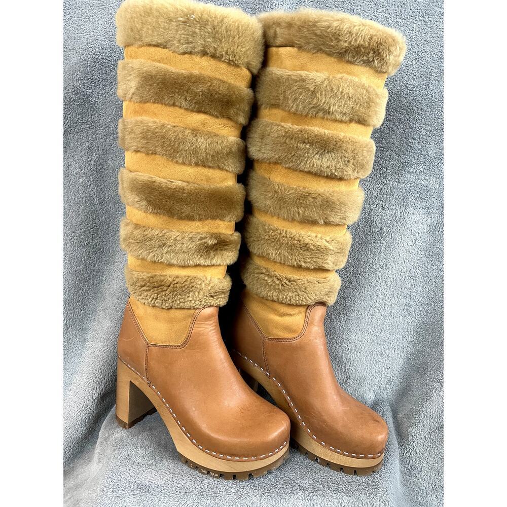 Swedish Hasbeens Romanian Knee Boot Womens 6.5 Fur Leather Hippie Retro - Picture 2 of 10